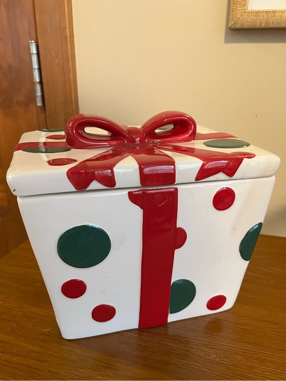 Festive Red & Green Holiday Gift Box Ceramic Jar